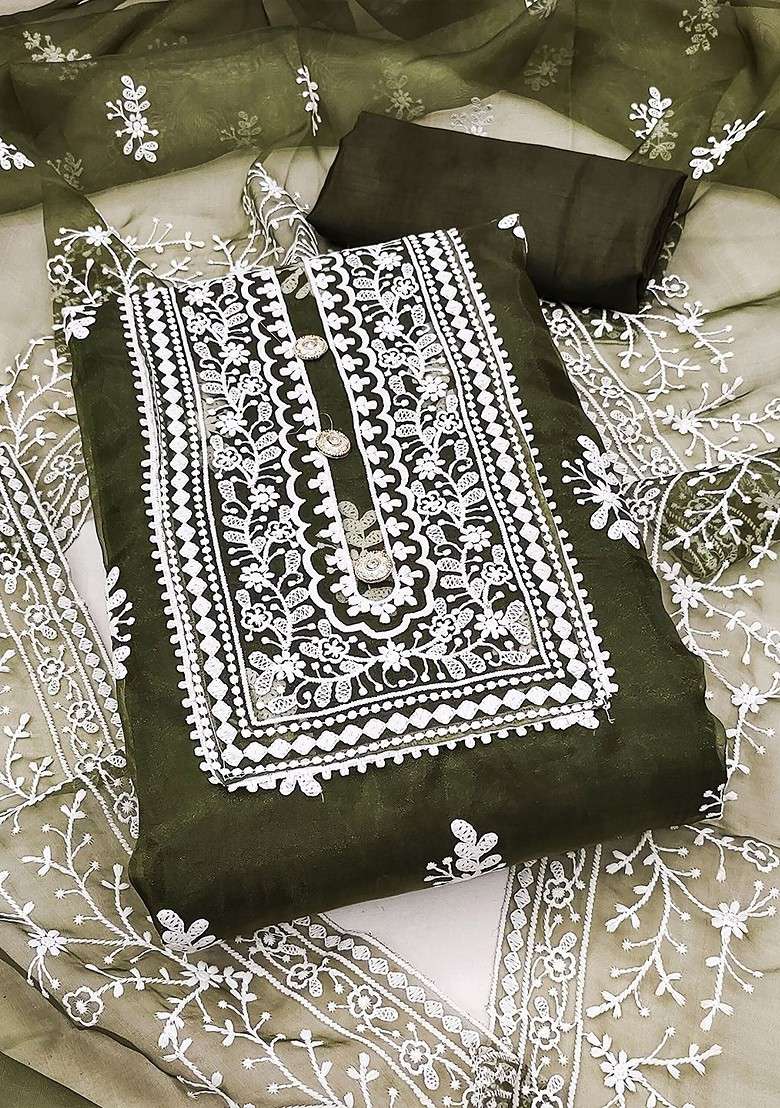 Green Embroidered Organza Pakistani Suit Set - Indya