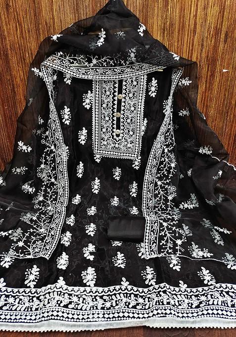 Black Embroidered Organza Kurta Set