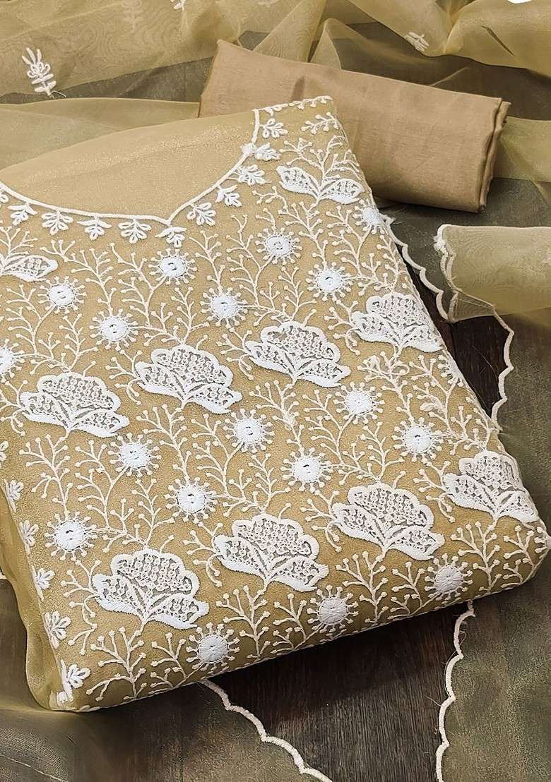 Beige Chikankari Organza Straight Kurta Set - Indya