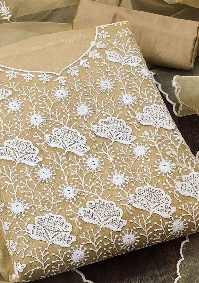 Beige Chikankari Organza Straight Kurta Set - Indya