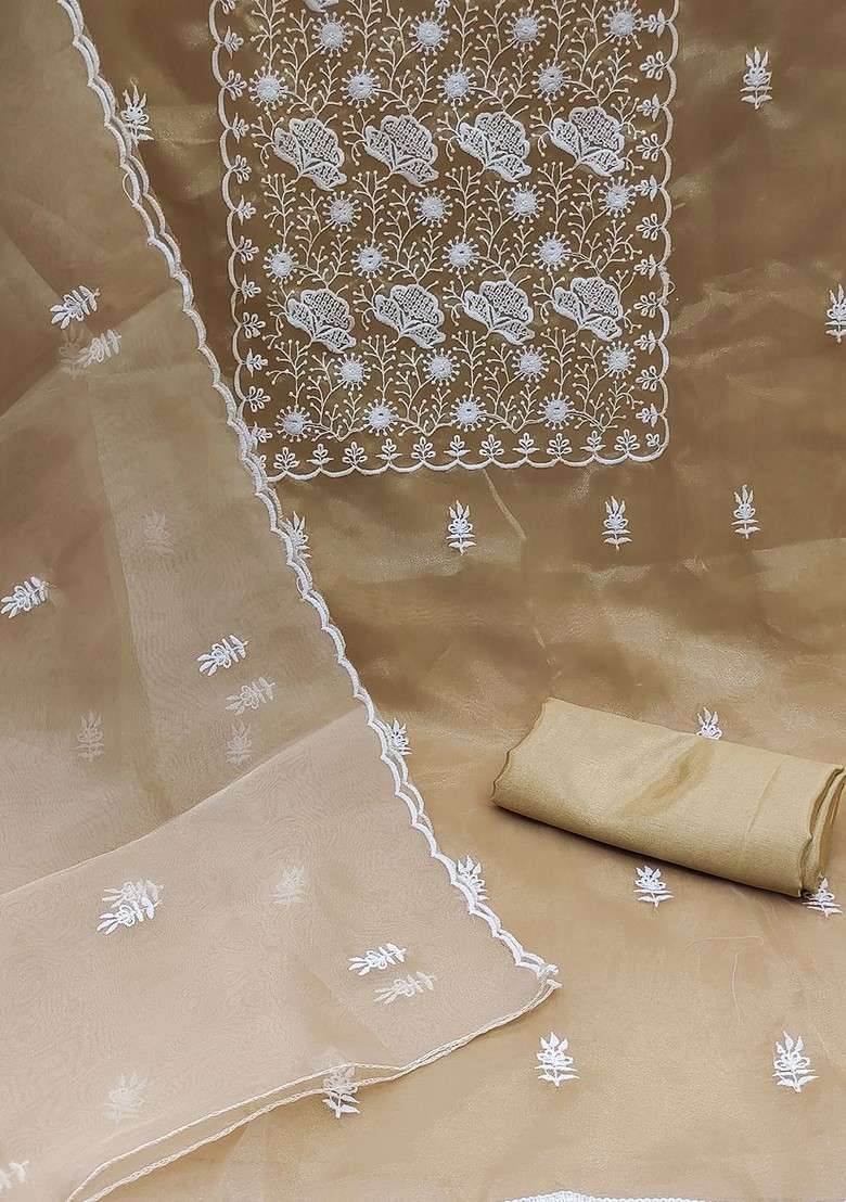 Beige Chikankari Organza Straight Kurta Set - Indya