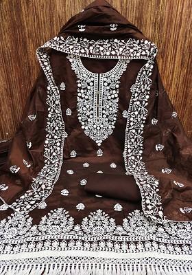 Brown Embroidered Poly Blend Kurta Set