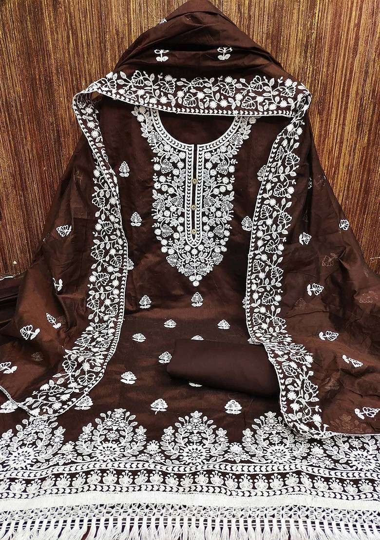 Brown Embroidered Blended Kurta - Indya
