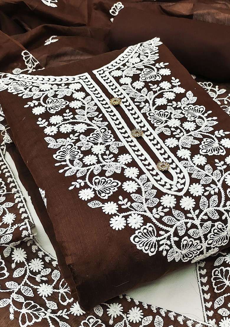 Brown Embroidered Blended Kurta - Indya