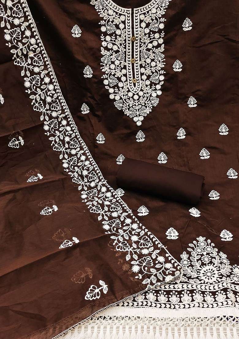 Brown Embroidered Blended Kurta - Indya