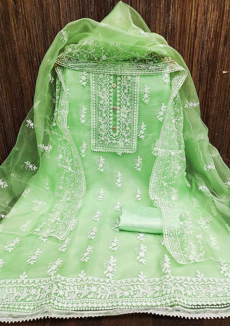 Green Chikankari Organza Straight Kurta Set - Indya