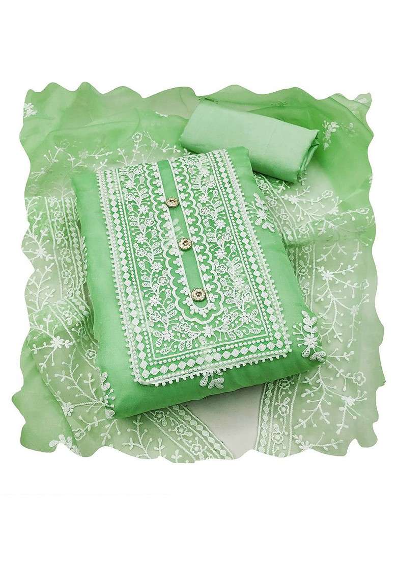 Green Chikankari Organza Straight Kurta Set - Indya