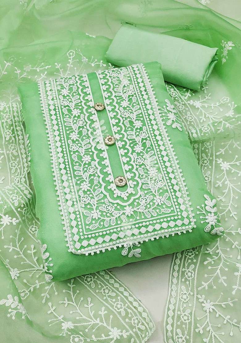 Green Chikankari Organza Straight Kurta Set - Indya