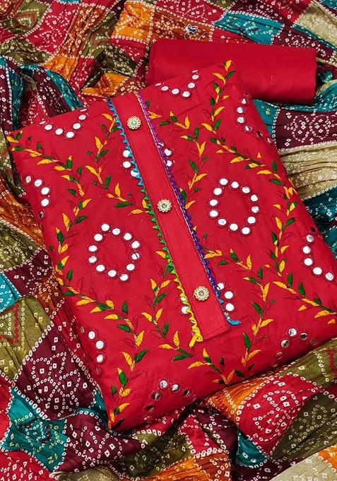 Red Embroidered Poly Blend Kurta Set