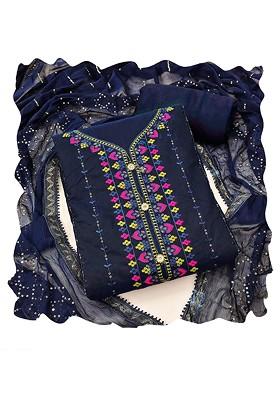 Navy Blue Embroidered Cotton Kurta Set