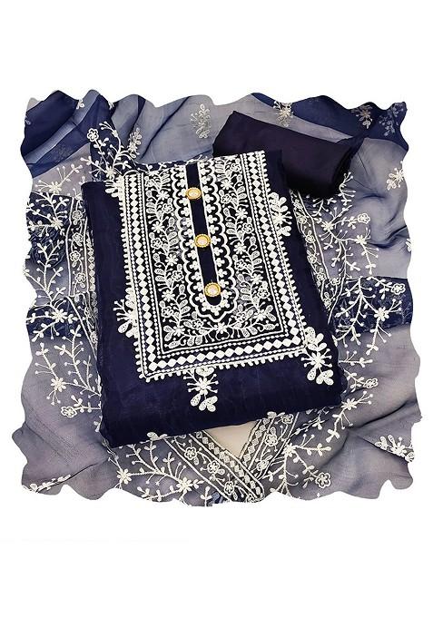 Navy Blue Embroidered Organza Kurta Set