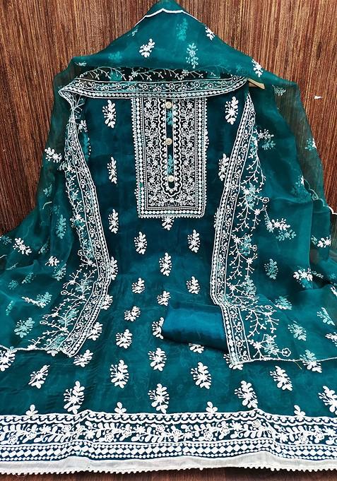 Teal Chikankari Organza Pakistani Suit Set