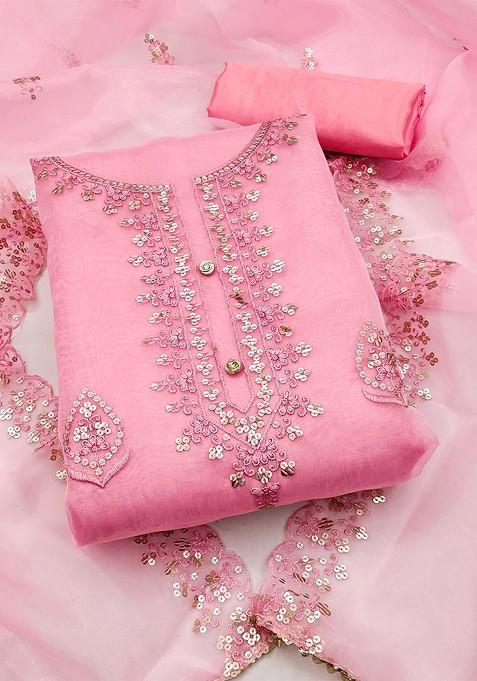 Pink Embroidered Blended Straight Kurta Set