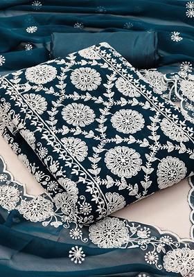 Teal Embroidered Poly Blend Kurta Set