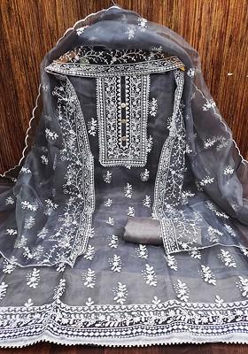 Grey Embroidered Organza Kurta Set