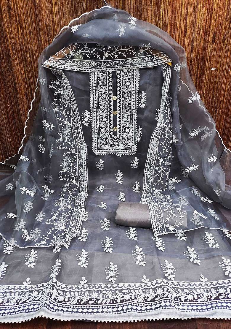 Grey Embroidered Organza Pakistani Suit Set - Indya