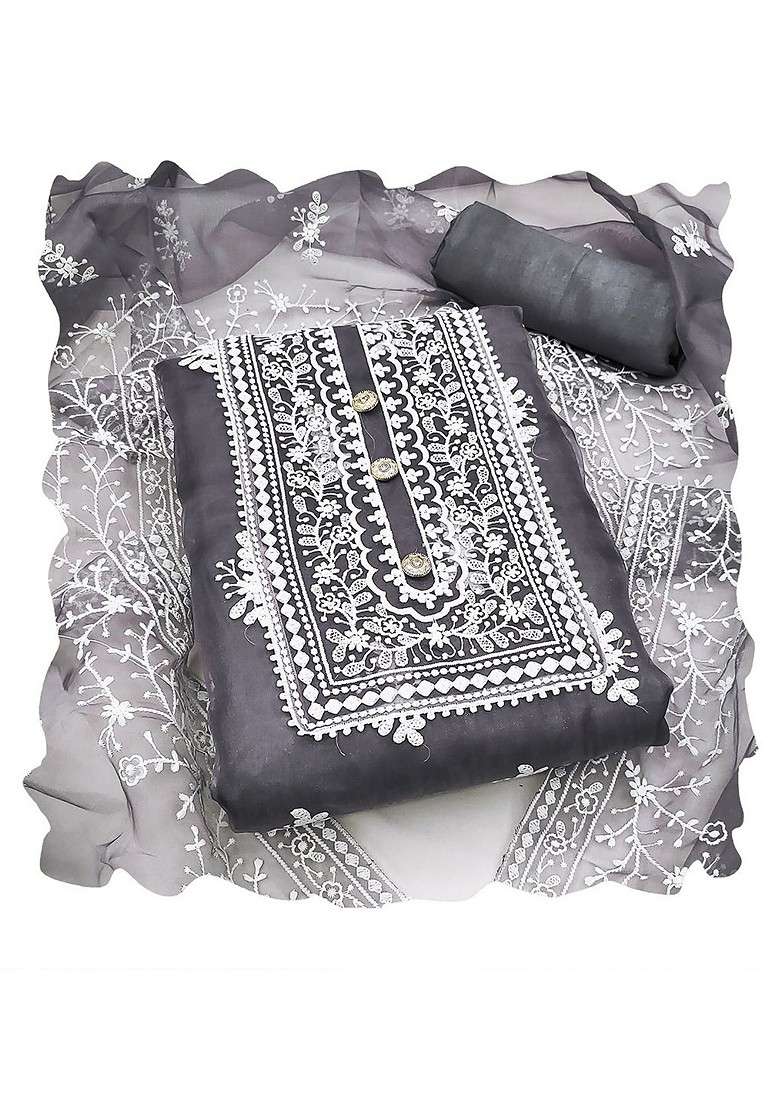 Grey Embroidered Organza Pakistani Suit Set - Indya