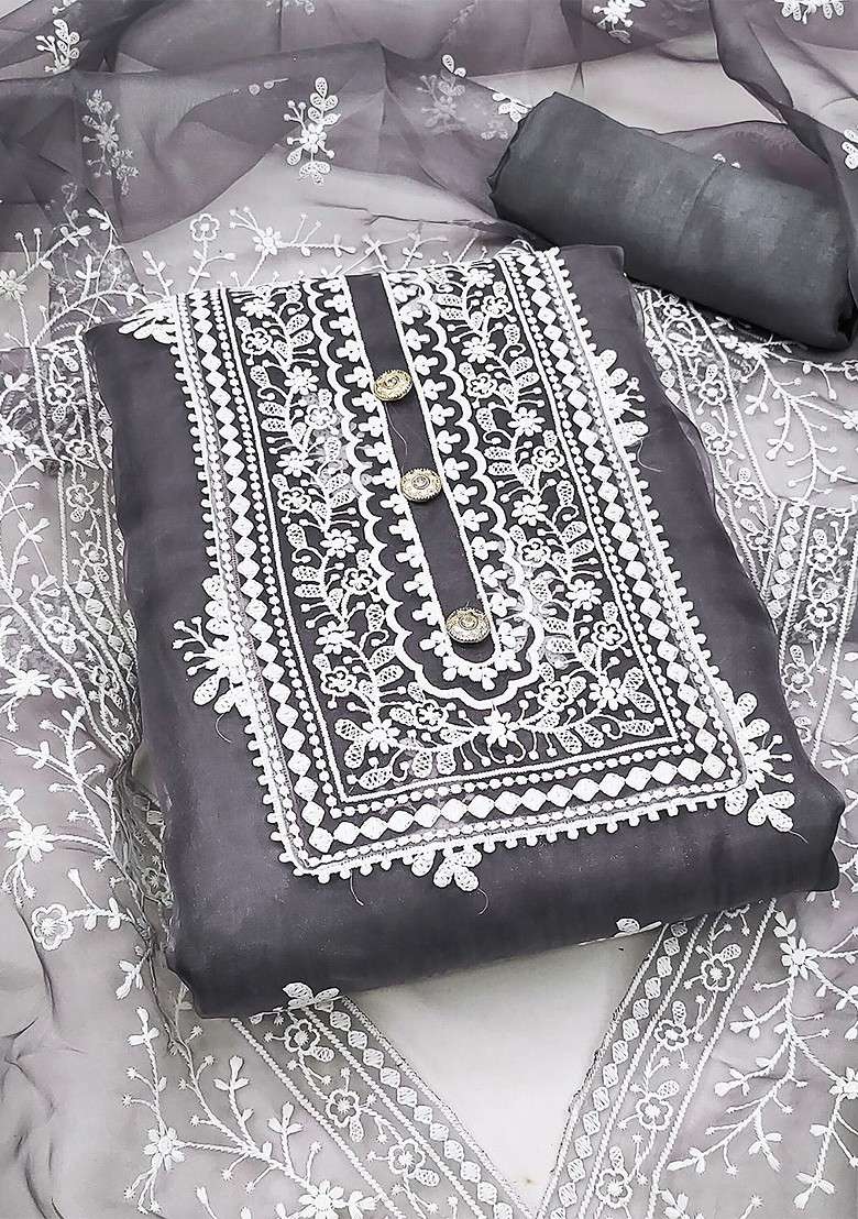 Grey Embroidered Organza Pakistani Suit Set - Indya