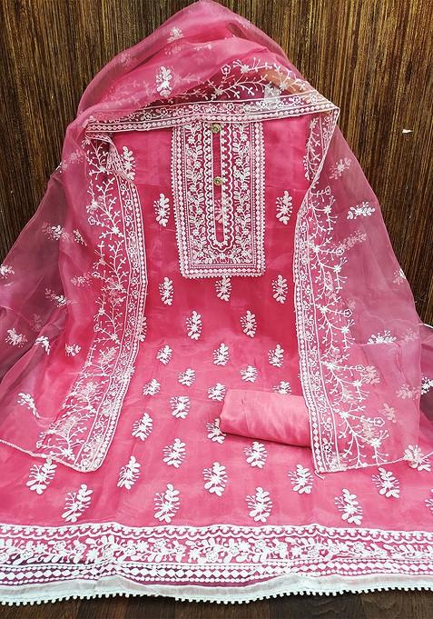 Pink Embroidered Poly Blend Kurta Set