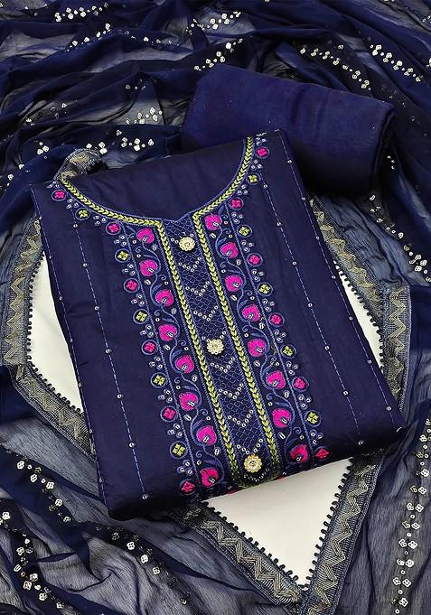 Blue Embroidered Poly Blend Kurta Set