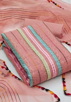 Pink Striped Blended Straight Kurta Set