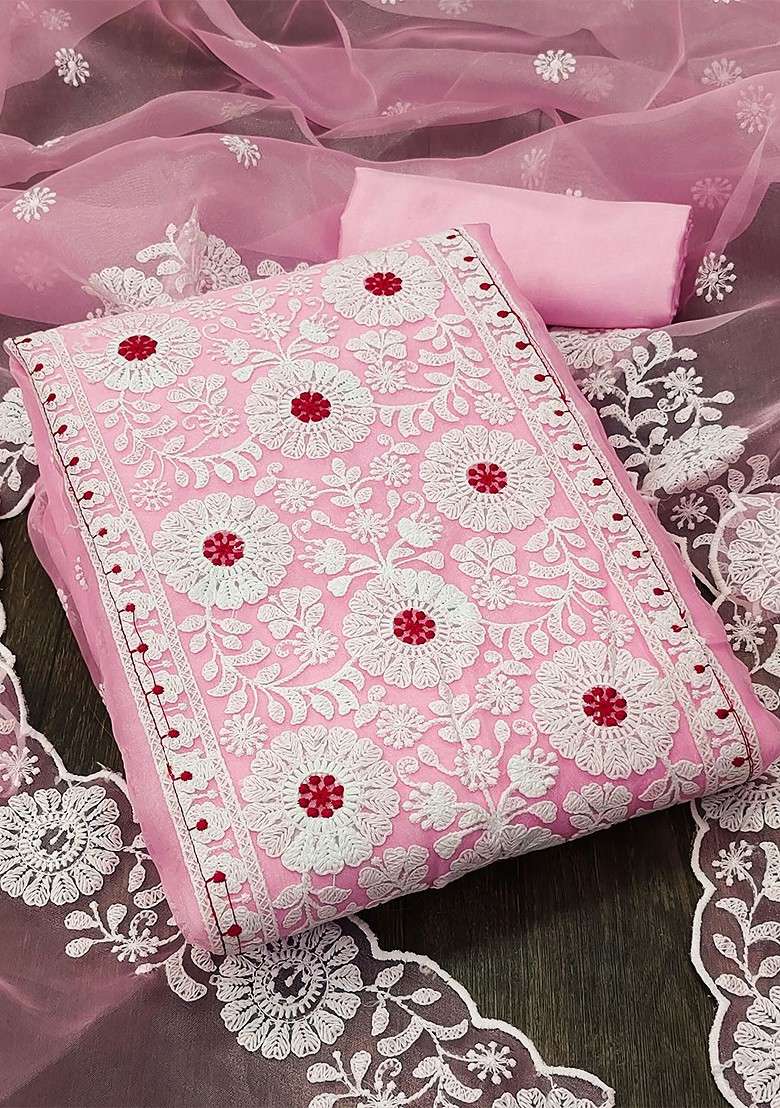 Pink Embroidered Organza Straight Kurta Set - Indya