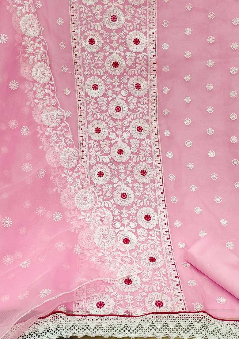 Pink Embroidered Organza Straight Kurta Set - Indya