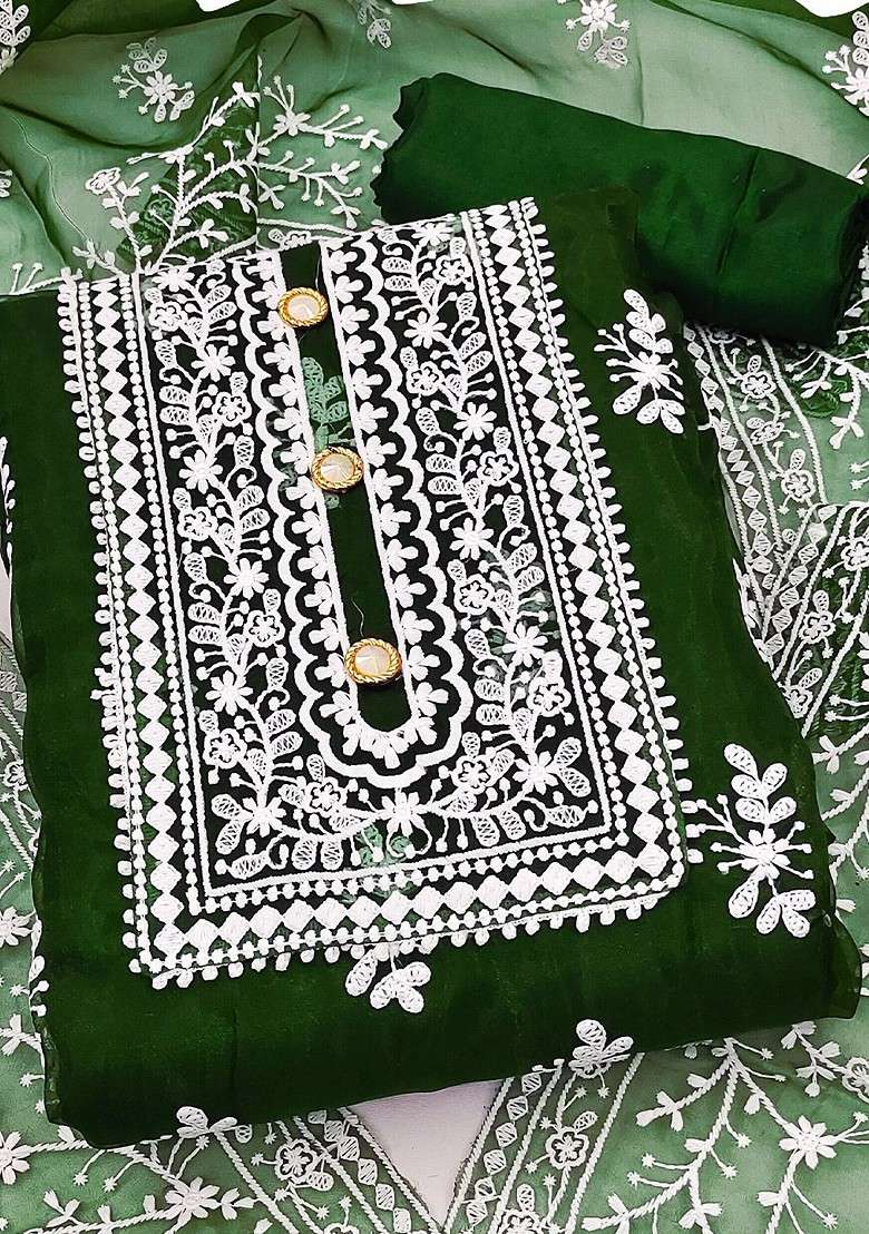 Green Chikankari Organza Straight Kurta Set - Indya