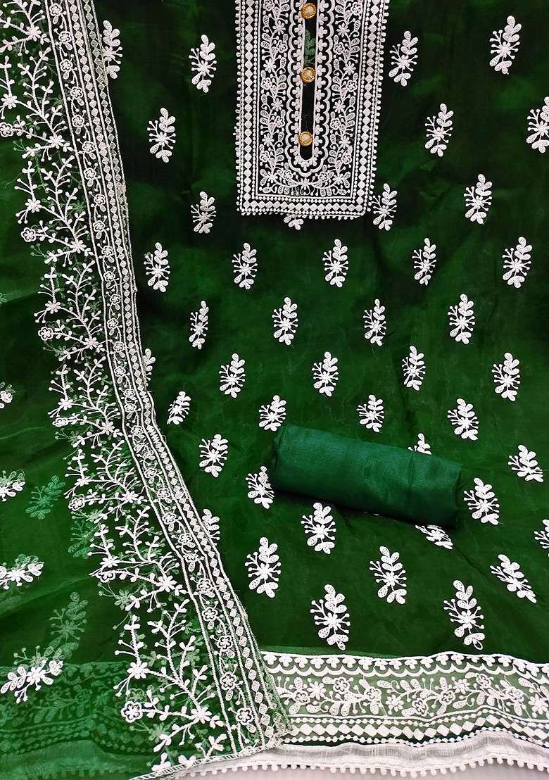 Green Chikankari Organza Straight Kurta Set - Indya