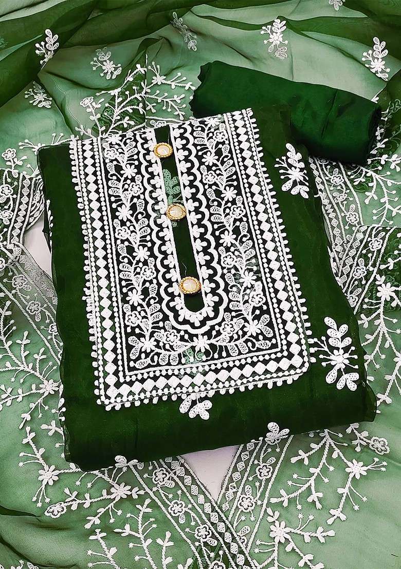 Green Chikankari Organza Straight Kurta Set - Indya