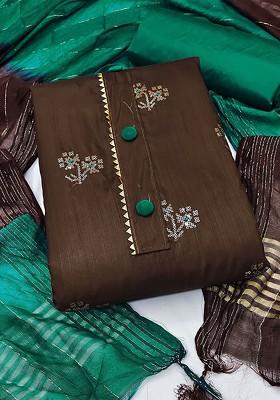 Brown Embroidered Poly Blend Kurta Set
