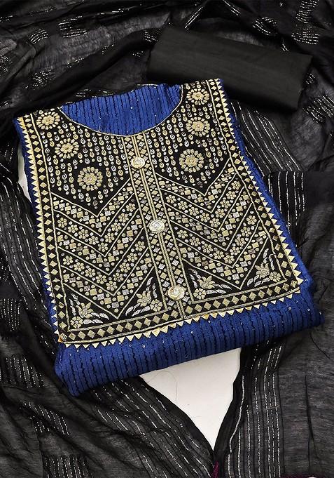 Blue Embroidered Blended Straight Kurta Set