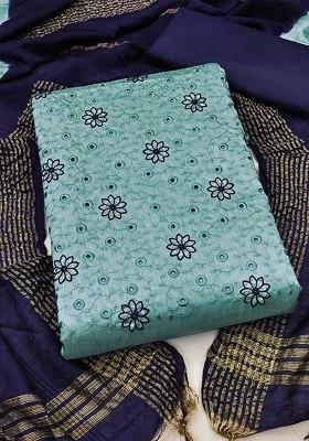 Turquoise Blue Embroidered Poly Blend Kurta Set