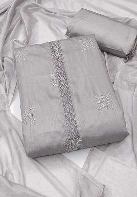 Grey Embroidered Poly Blend Kurta Set