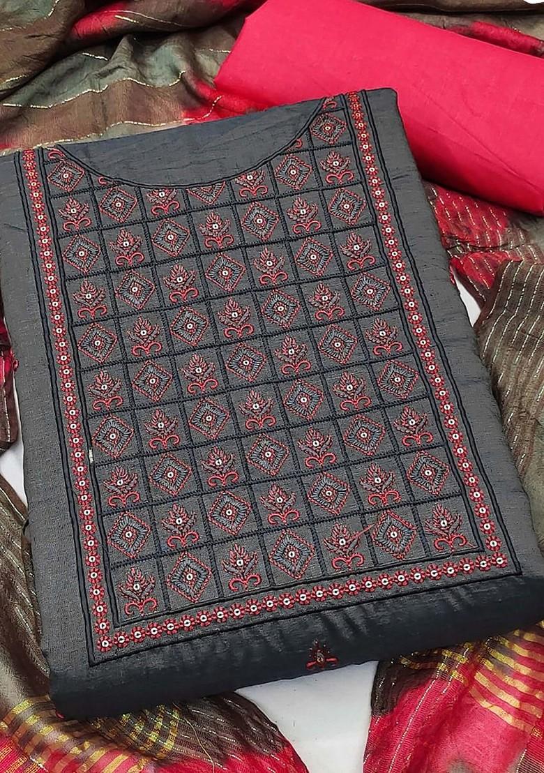 Grey Embroidered Poly Blend Kurta Set - Indya