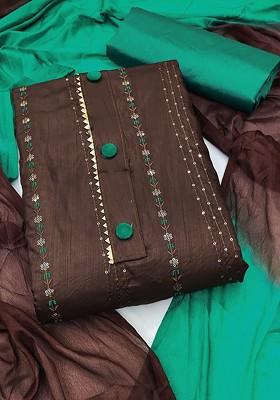 Brown Embroidered Poly Blend Kurta Set