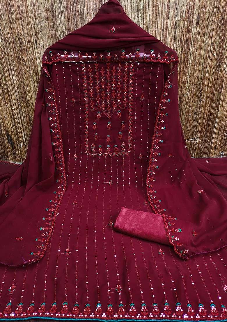 Maroon Sequin Work Blended Pakistani Suit Set - Indya