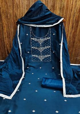 Blue Embroidered Poly Blend Kurta Set