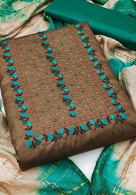 Brown Embroidered Poly Blend Kurta Set