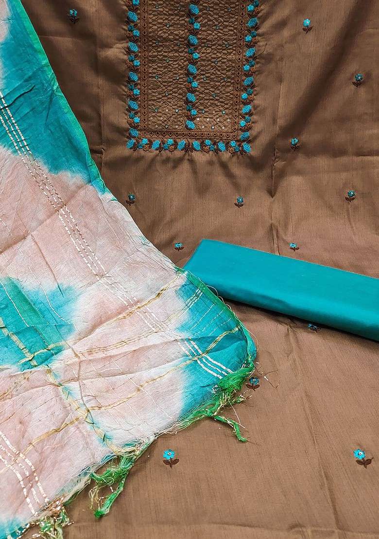 Brown Embroidered Poly Blend Kurta Set - Indya
