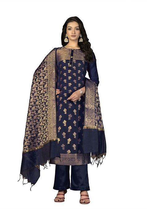 Blue Solid Pure Silk Kurta Set