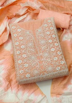 Peach Embroidered Poly Blend Kurta Set