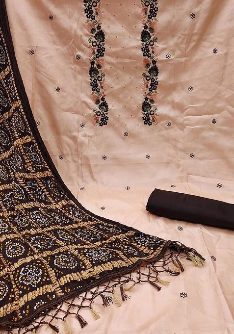 Beige Embroidered Pure Silk Kurta Set