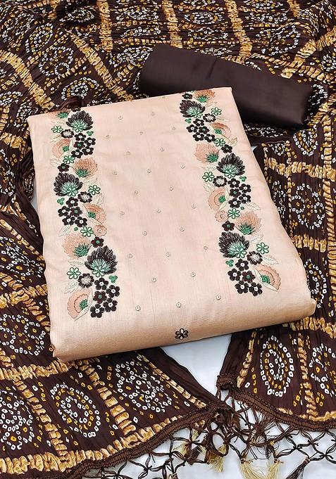 Beige Embroidered Pure Silk Kurta Set