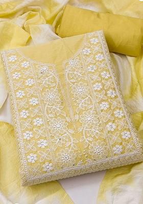Yellow Embroidered Poly Blend Kurta Set