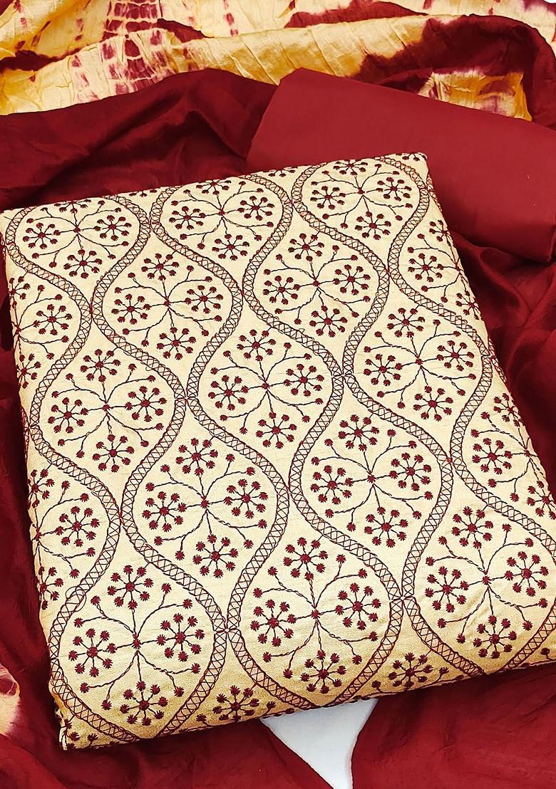 Beige Embroidered Pure Silk Kurta Set - Indya