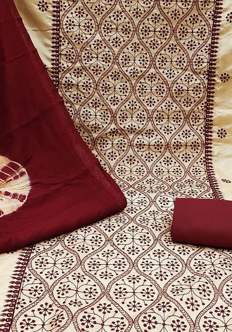 Beige Embroidered Pure Silk Kurta Set