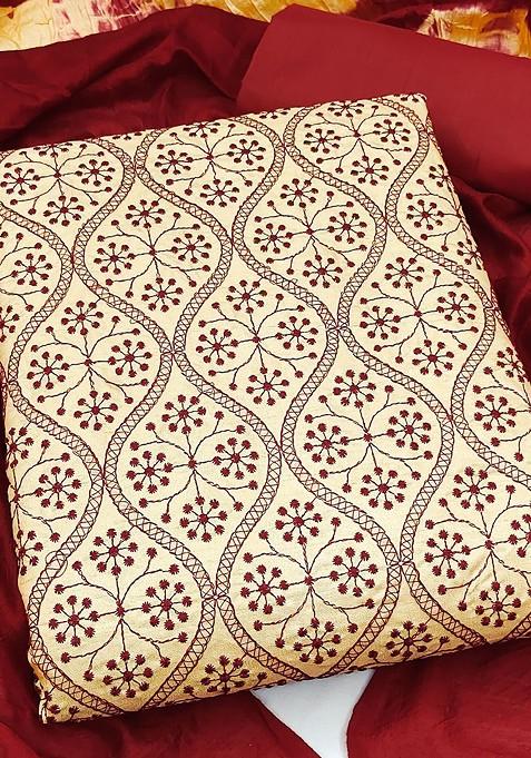 Beige Embroidered Pure Silk Kurta Set