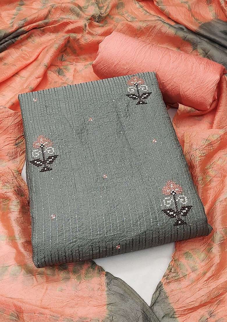 Grey Embroidered Cotton Straight Kurta Set - Indya