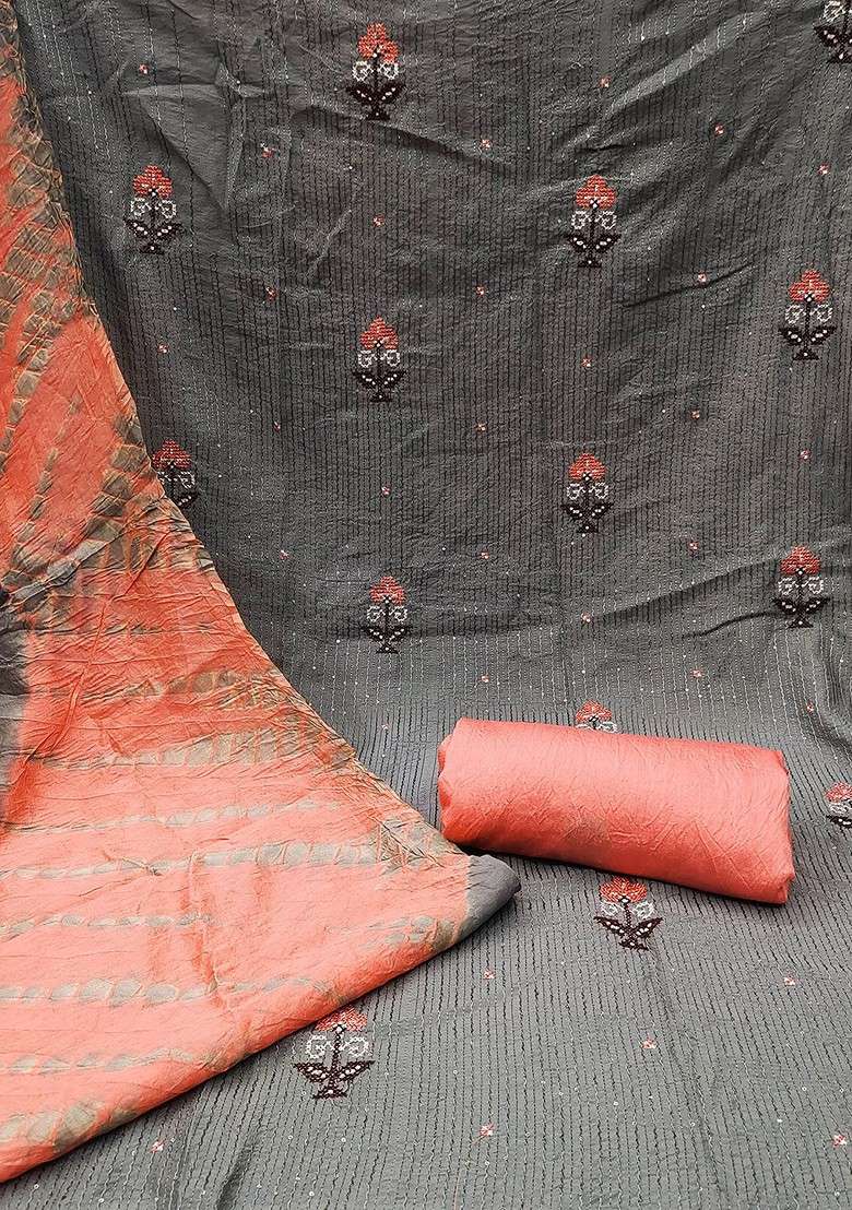 Grey Embroidered Cotton Straight Kurta Set - Indya